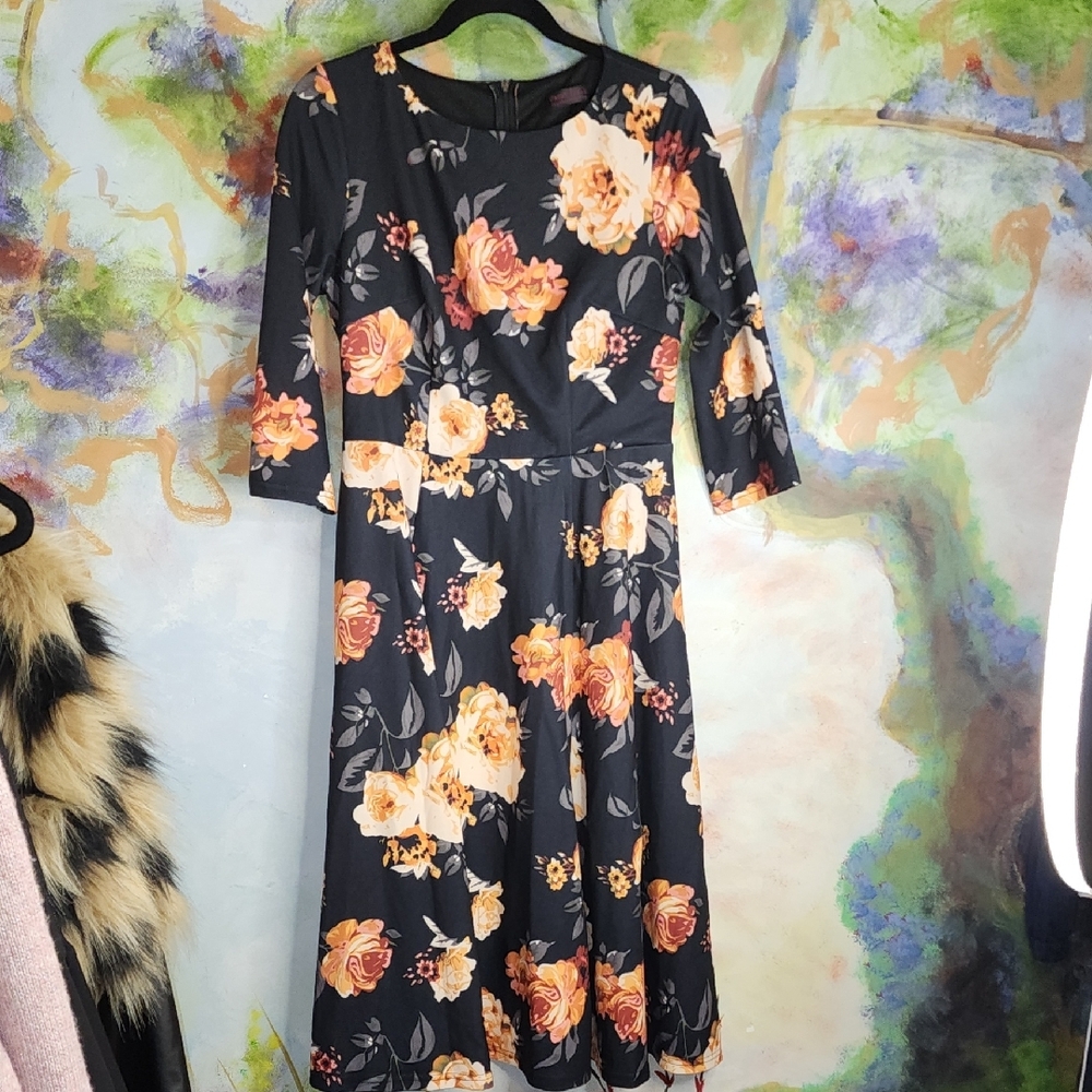 Orange and Black A-line Midi Dress with 3/4 Sleeves for Wedding Guest